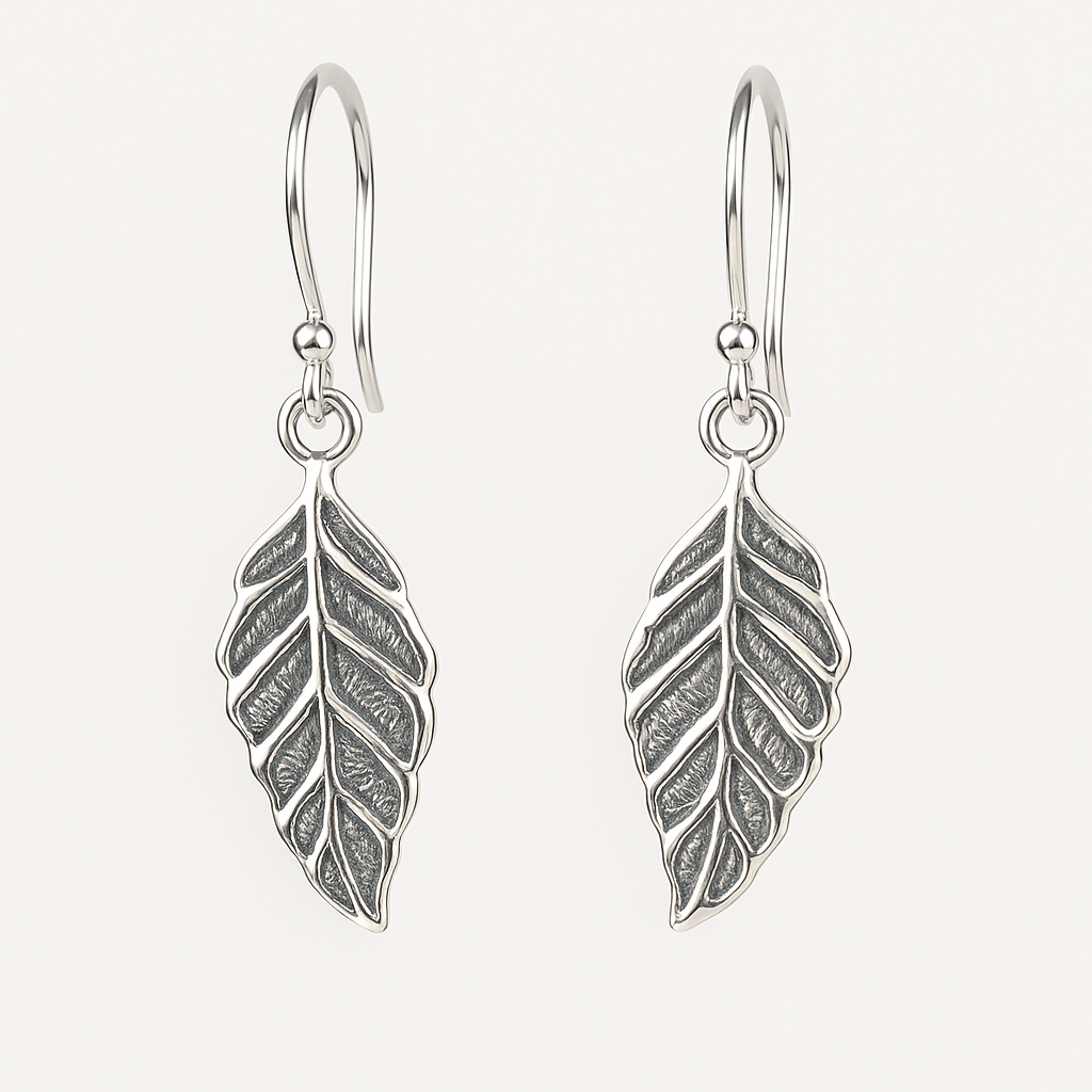 Antiqued 925 Sterling Silver Leaf Dangle Earrings