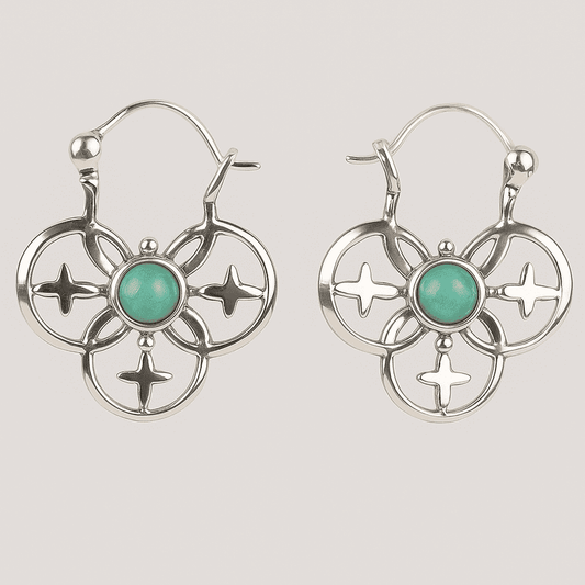 Silver Hoop Earrings in a Quatrefoil Design with Green Stone