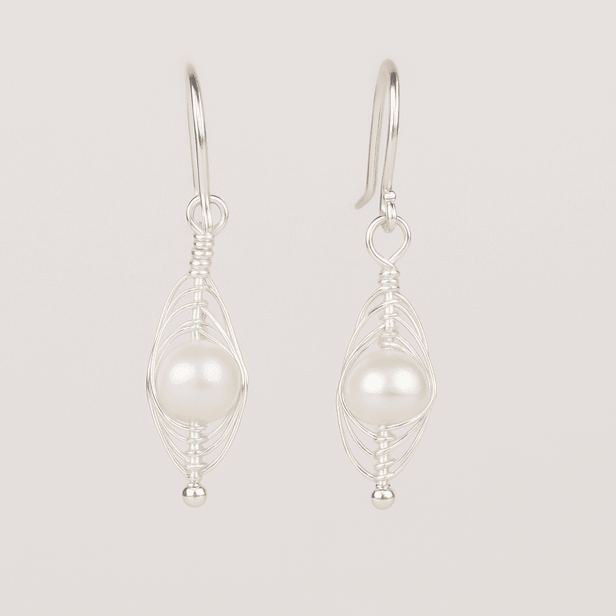 Freshwater Pearl Trapped in Wires Sterling Silver Earrings