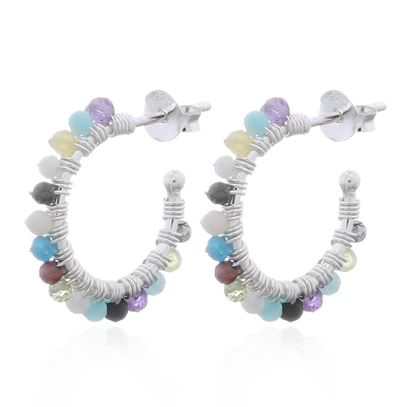 Half Hoop Mixed Stones Sterling Silver Stud Earrings