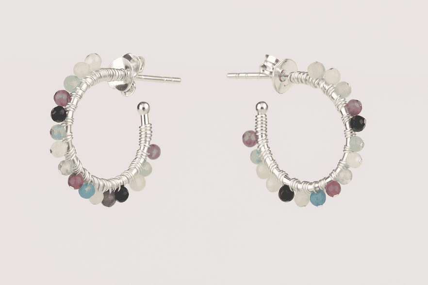 Half Hoop Mixed Stones Sterling Silver Stud Earrings
