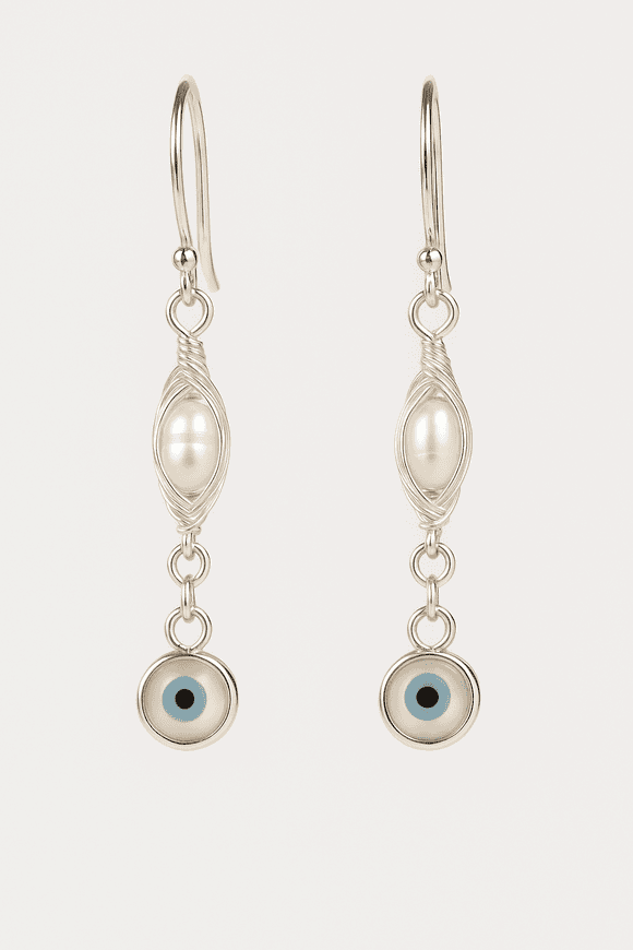 Mother of Pearl Evil Eye and Freshwater Pearl 925 Silver Dangle Earrings