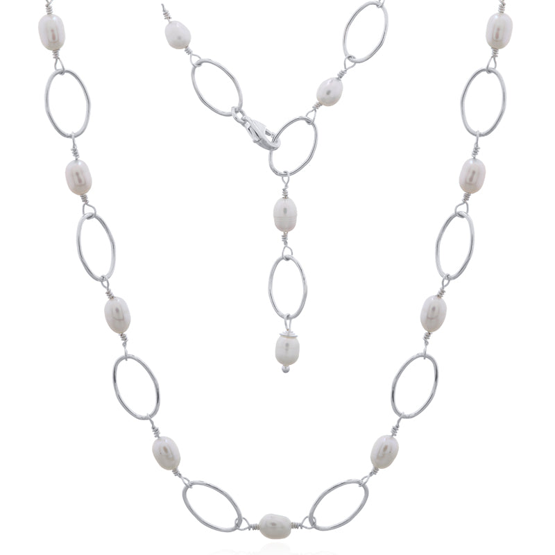 Sterling Silver Large Link Freshwater Pearl Necklace – Modern Elegance