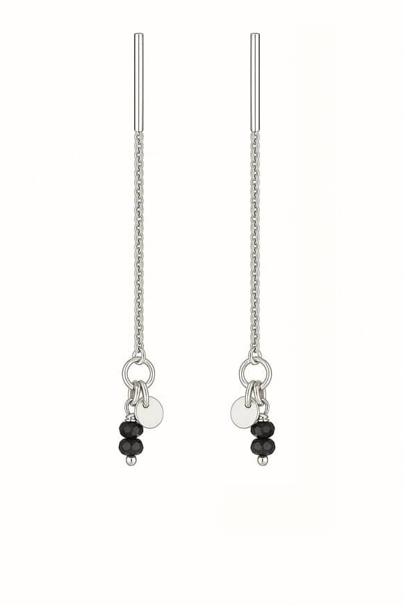 Black Agate Bead Pair with Tag Silver Threader Earrings