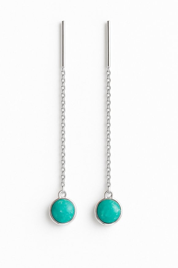 Round Synthetic Turquoise Sterling Silver Thread Earrings