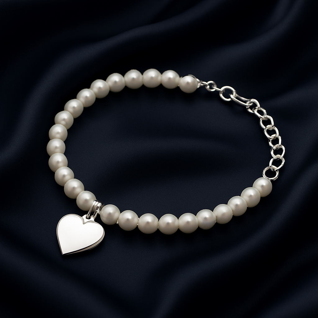 Silver Heart Disc on Pearl Beads Bracelet – Romantic Elegance
