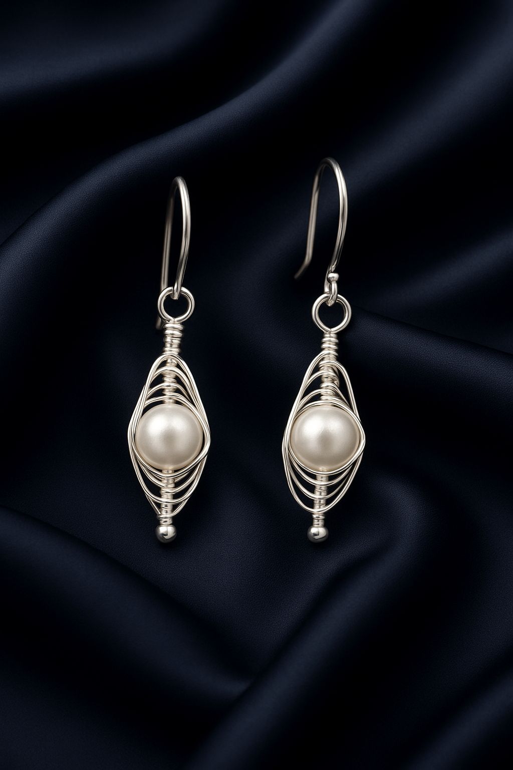 Freshwater Pearl Trapped in Wires Sterling Silver Earrings