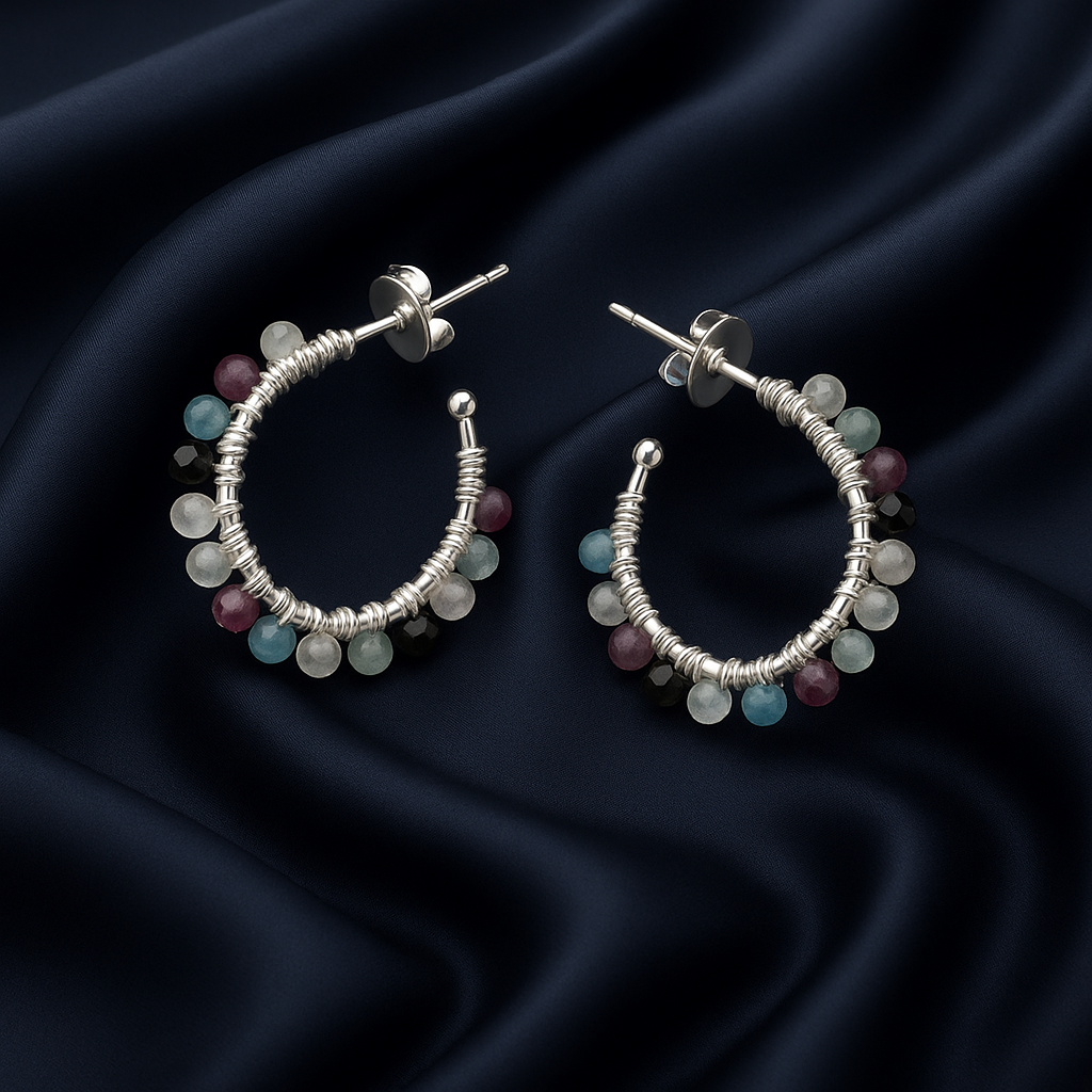 Half Hoop Mixed Stones Sterling Silver Stud Earrings