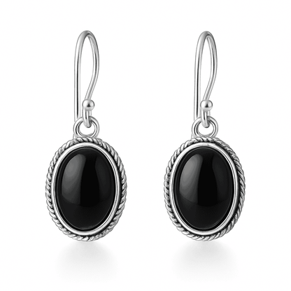 Bold Sterling Silver Black Stone Dangle 925 Earrings