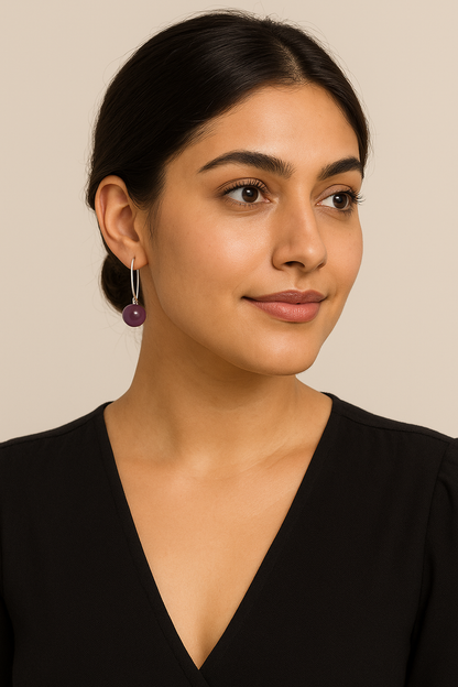 Amethyst Stone Silver Curved Drop Earrings