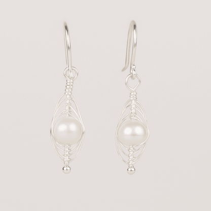 Freshwater Pearl Trapped in Wires Sterling Silver Earrings
