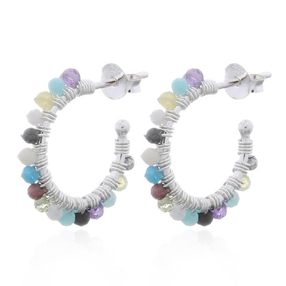 Half Hoop Mixed Stones Sterling Silver Stud Earrings
