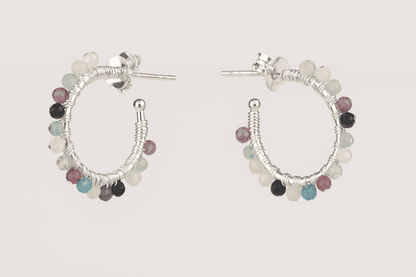 Half Hoop Mixed Stones Sterling Silver Stud Earrings
