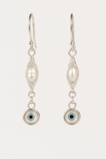 Mother of Pearl Evil Eye and Freshwater Pearl 925 Silver Dangle Earrings