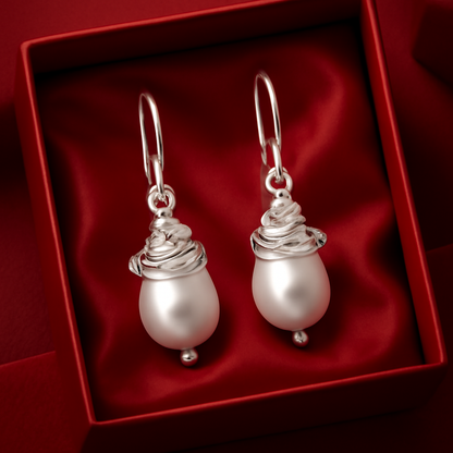 925 Silver Spiral Wire Top Wrapped Freshwater Pearl Earrings