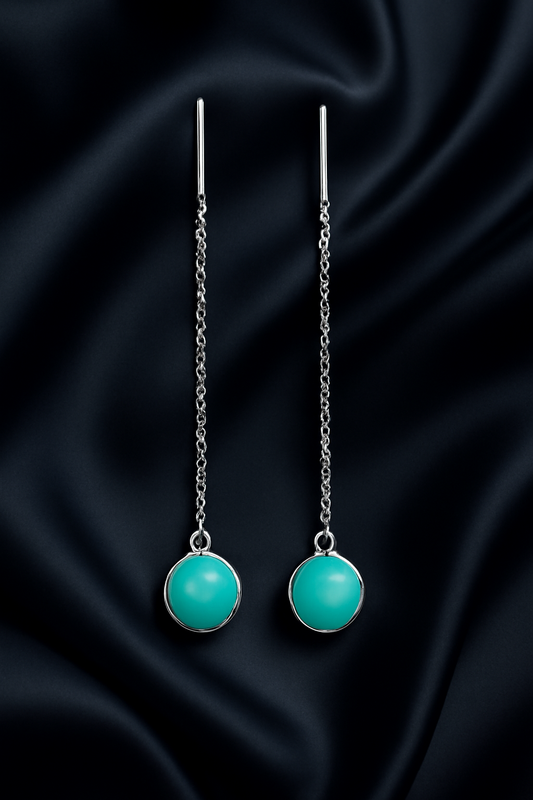 Round Synthetic Turquoise Sterling Silver Thread Earrings