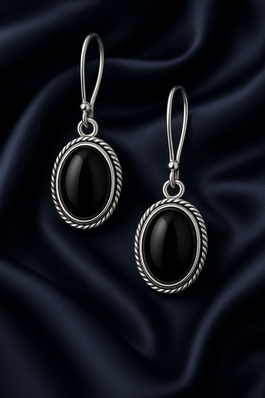 Bold Sterling Silver Black Stone Dangle 925 Earrings