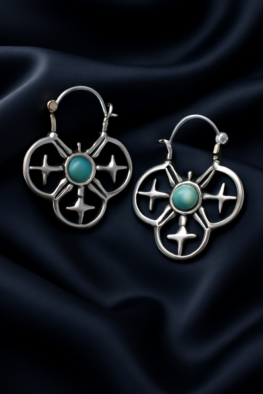 Silver Hoop Earrings in a Quatrefoil Design with Green Stone