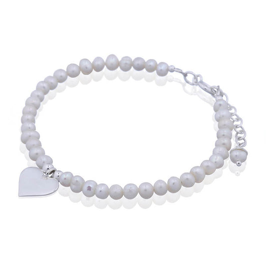 Silver Heart Disc on Pearl Beads Bracelet – Romantic Elegance