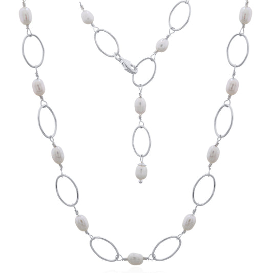 Sterling Silver Large Link Freshwater Pearl Necklace – Modern Elegance