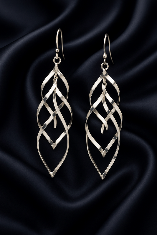 Layered Open Leaf Design Sterling Silver Dangle Earrings