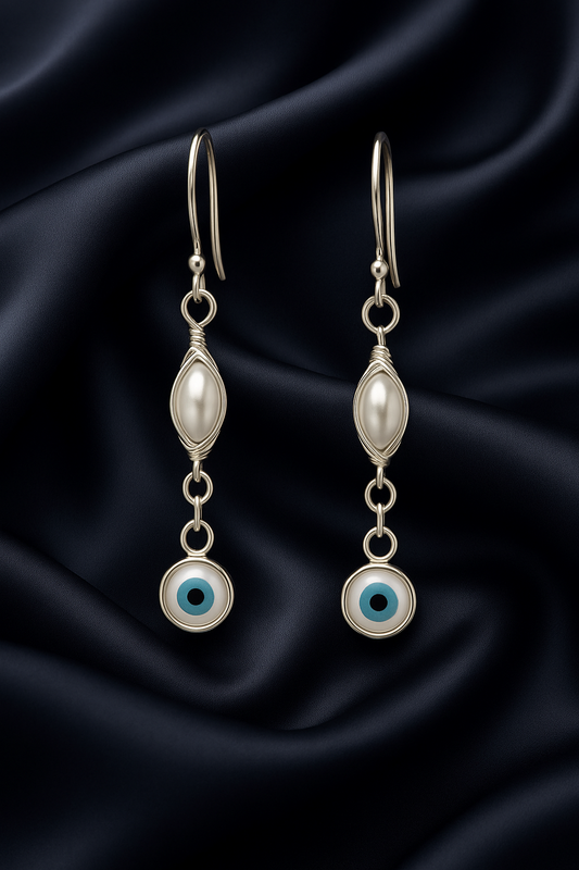Mother of Pearl Evil Eye and Freshwater Pearl 925 Silver Dangle Earrings