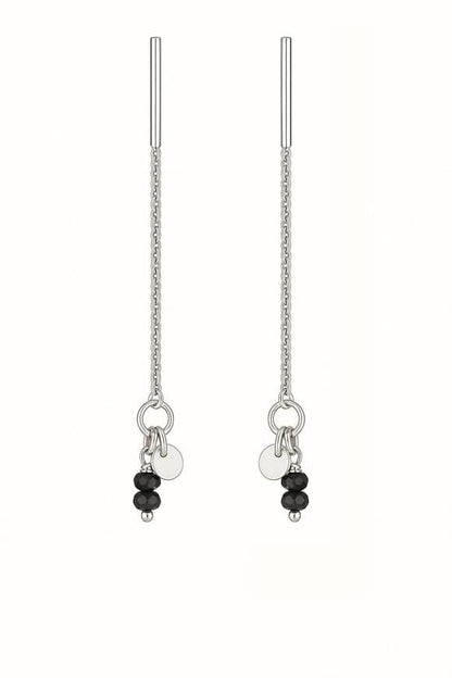 Black Agate Bead Pair with Tag Silver Threader Earrings