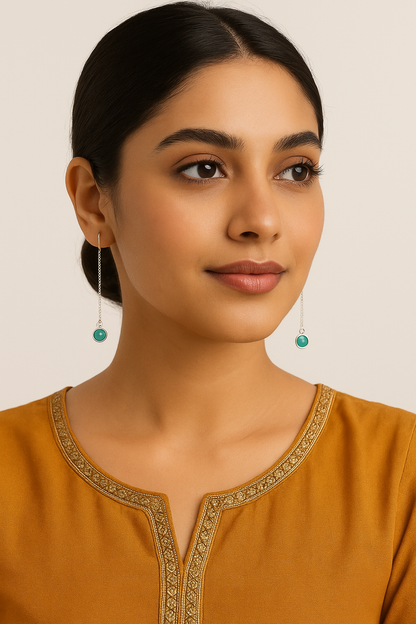 Round Synthetic Turquoise Sterling Silver Thread Earrings