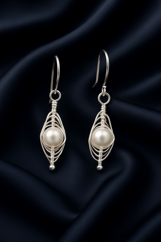 Freshwater Pearl Trapped in Wires Sterling Silver Earrings
