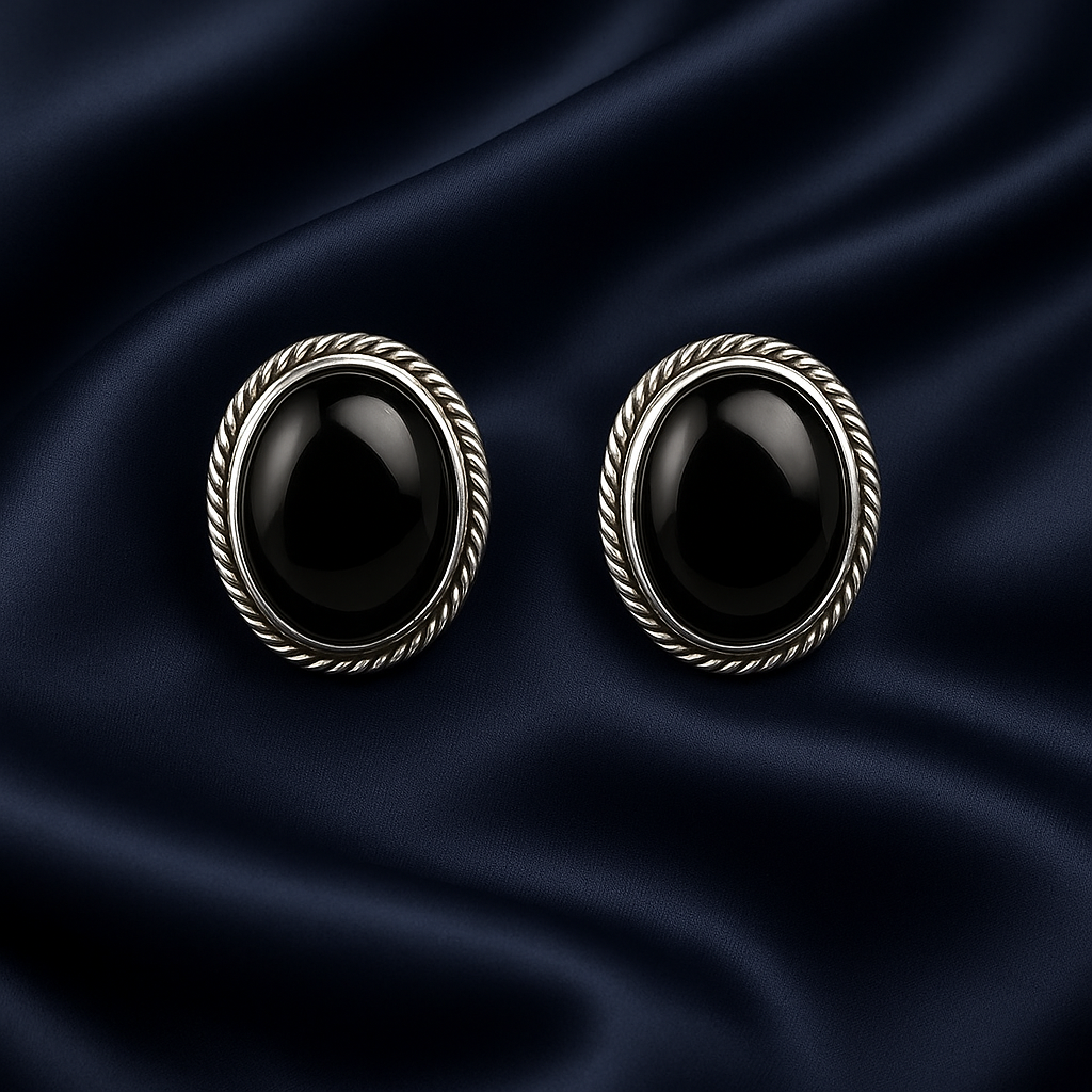 Bold Sterling Silver Black Stone Stud Earrings