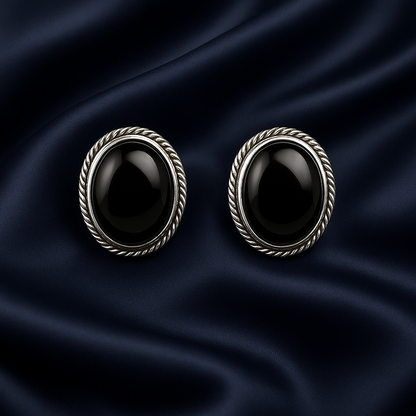 Bold Sterling Silver Black Stone Stud Earrings