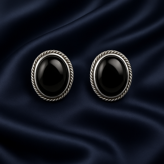 Bold Sterling Silver Black Stone Stud Earrings