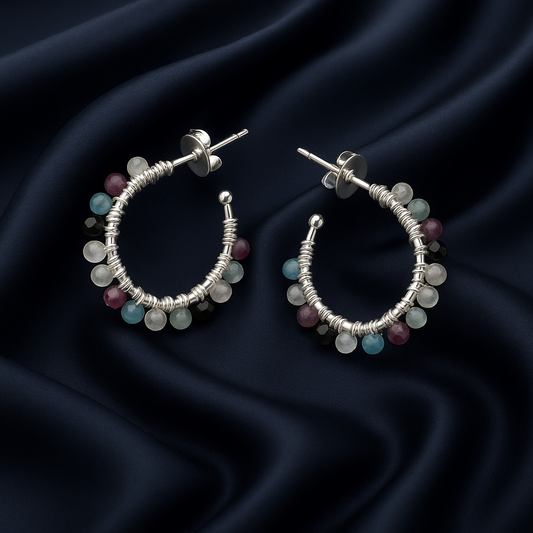 Half Hoop Mixed Stones Sterling Silver Stud Earrings